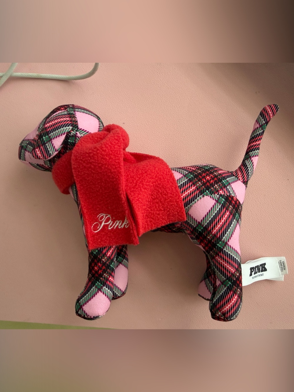 PINK Victoria's Secret Pink Plaid Plush Puppy with Red Scarf
